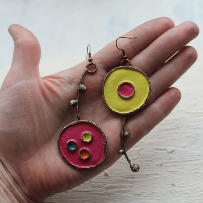Asymmetric Bronze Red Blue Stone Drop Earrings for Women - Ethnic Statement Jewelry Gift