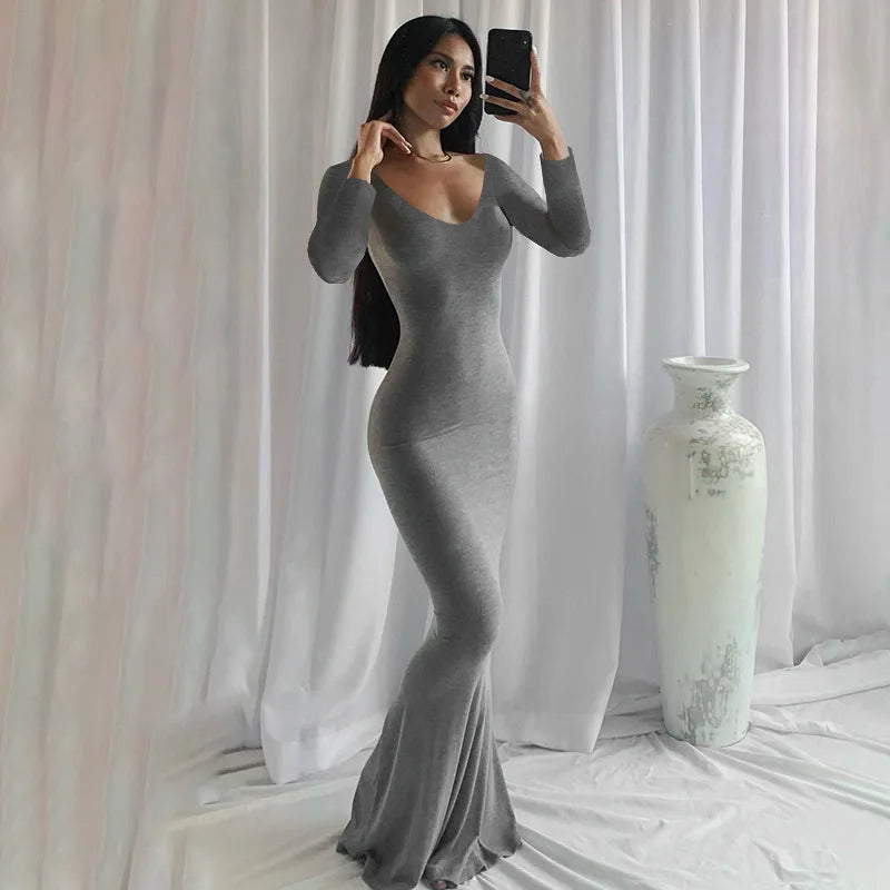 2024 Summer Dresses For Women Sexy Black Spaghetti Strap Maxi Grey-Long Sleeve