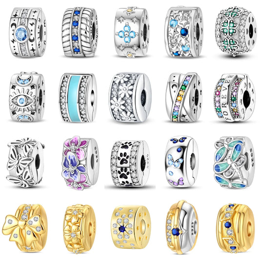 925 Sterling Silver Colorful Butterfly Star Moon Flower Beads Clip Charm for DIY Bracelet Fine Zircon Jewelry