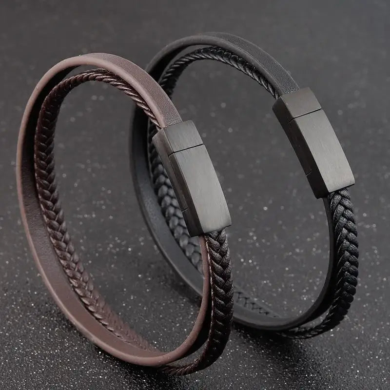 Luxury Men's Leather Bracelet Hand-Woven Multilayer Vintage Bangle with Stainless Steel Clasp
