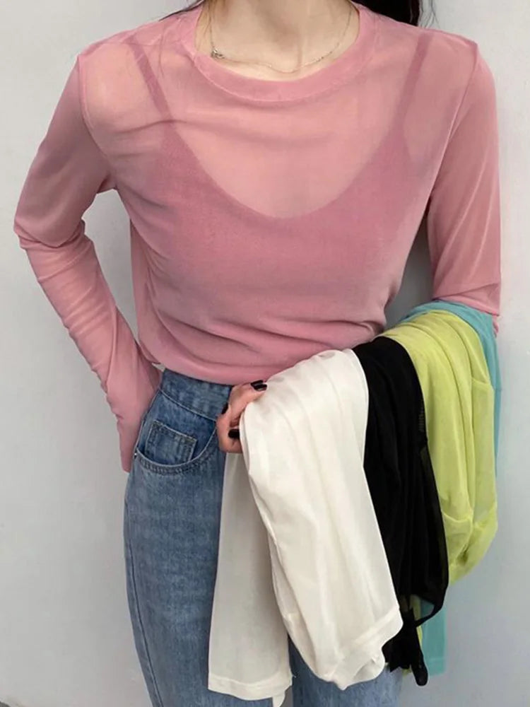 See Through Mesh Long Sleeve Top for Women Pink and Green