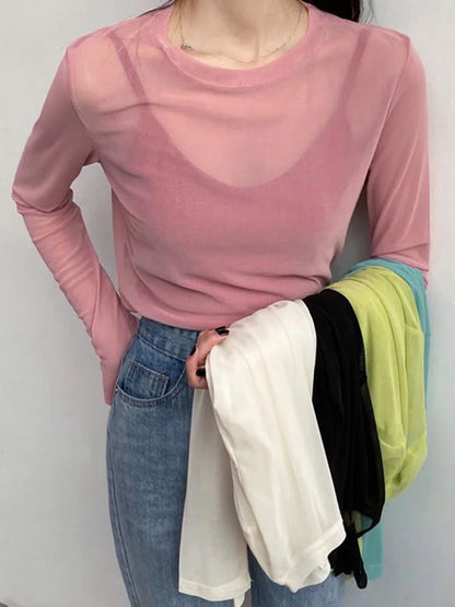 See Through Mesh Long Sleeve Top for Women Pink and Green