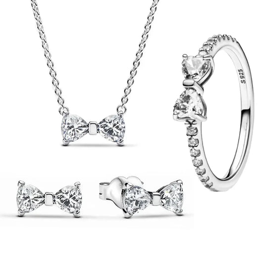 925 Sterling Silver Bow Jewelry Set with Colorful Crystal Zircon for Women Birthday and Valentine Gift