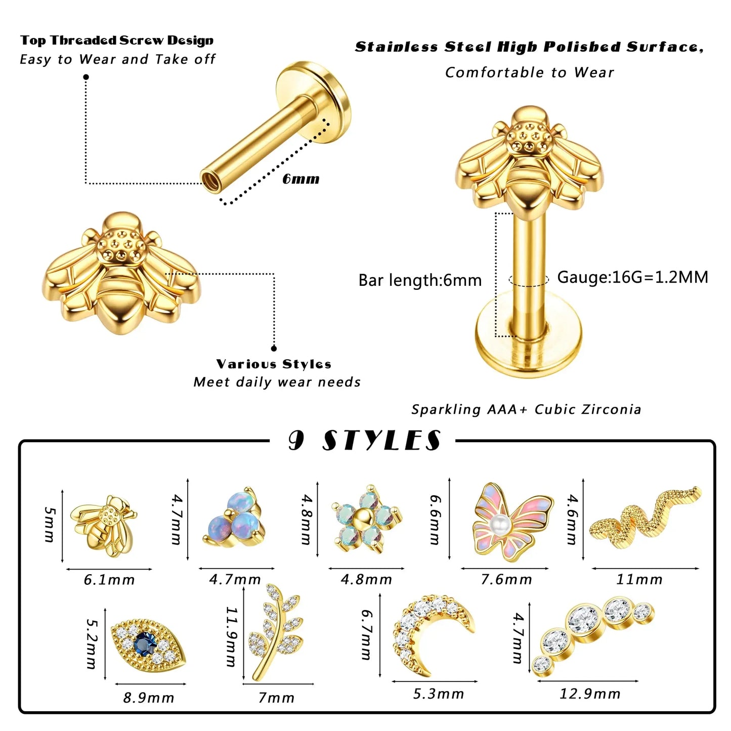 Drperfect 16G Gold Stainless Steel Cartilage Earrings for Women with Flat Back Butterfly Moon Flower Design
