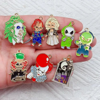 10 Piece Halloween Horror Character Dripping Oil Alloy Pendant Set for DIY Jewelry Accessories