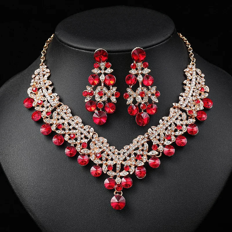 Rhinestone Luxury Flower Choker Necklace & Earrings Set - Top-Rated Bridal Jewelry Gold Red