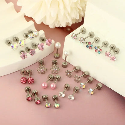 Trendy Pink Flower Heart Screw Stud Earrings Set for Women Fashion Jewelry