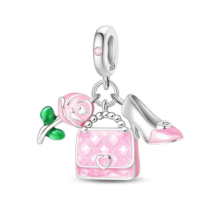 Sterling Silver Pink Blossom Dangle Charm with Butterfly Heart Flower Rose and Bird Bead for DIY Necklace and Bracelet Jewelry