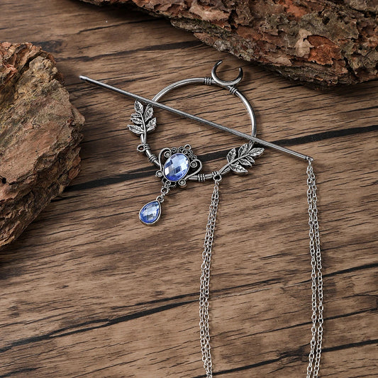 Retro Viking Crescent Leaf Gemstone Glass Hairpin Unique Scandinavian Hair Accessory Perfect Gift for Her