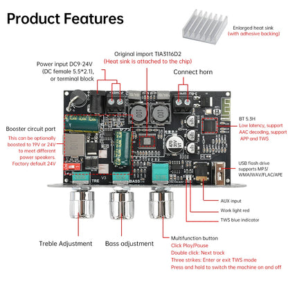 ZK-1001U 100W Bluetooth 5.3 Amplifier Board Module with AUX USB Flash Drive Support and DC 9-24V Compatibility