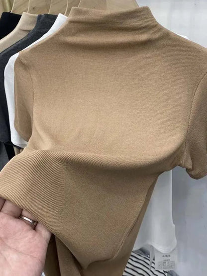 Slim Turtleneck Knit Top For Women Short Sleeves Elastic