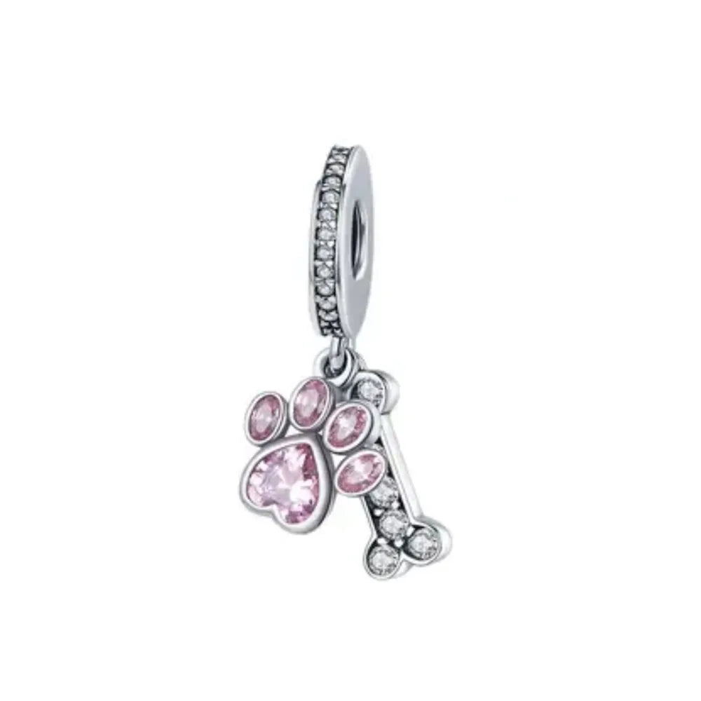 Sterling Silver Paw Print and Bone Charm Bead for Pet Bracelet Jewelry B5324