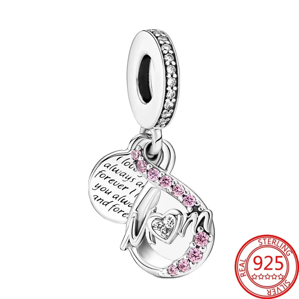 Original 925 Sterling Silver Four Leaf Clover and Heart Double Dangle Charm for Necklace and Bracelet Friendship Jewelry with Zircon Accents