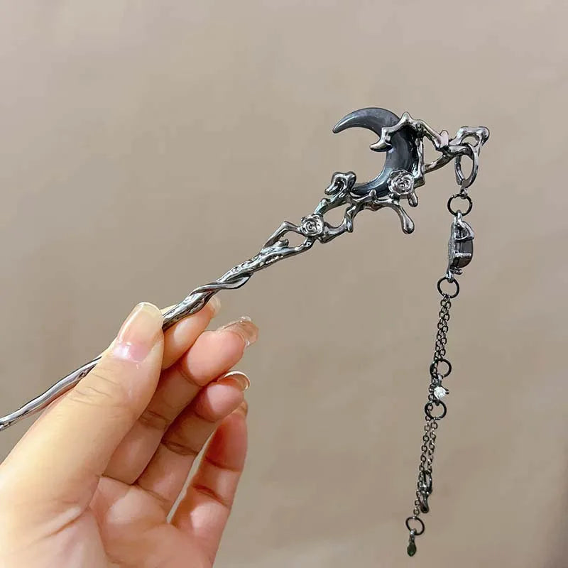 Elegant Black Crystal Moon Tassel Hair Stick For Women Retro Floral Hanfu Hairpin