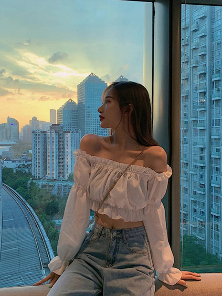 Off Shoulder White Crop Top With Puff Long Sleeve Ruffles