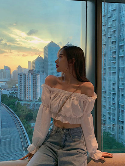 Off Shoulder White Crop Top With Puff Long Sleeve Ruffles