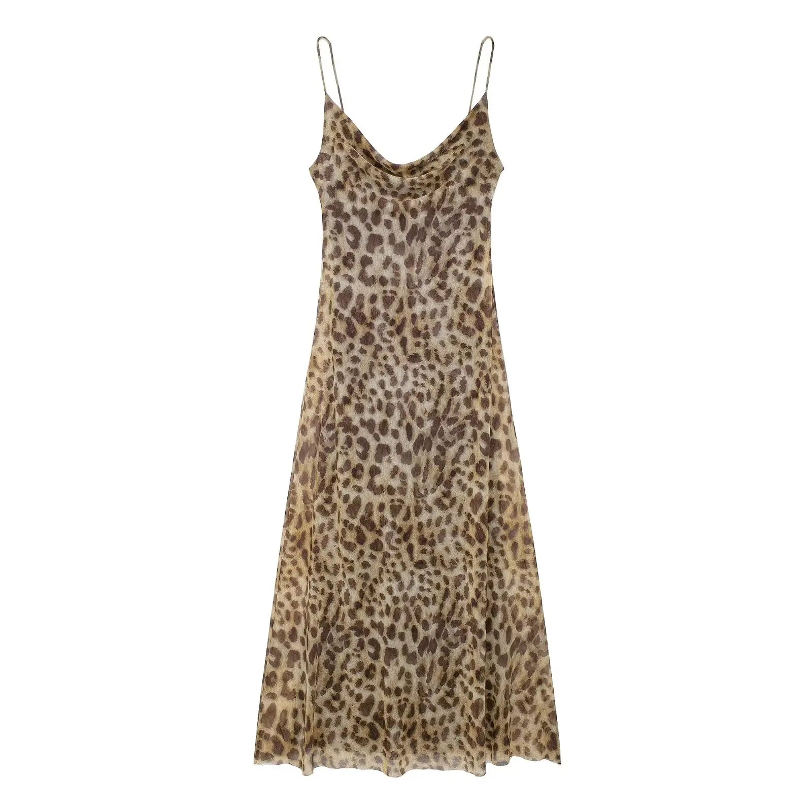 TRAFZA 2024 Women Summer Vintage Leopard Print Dress leopard