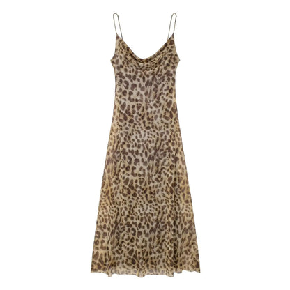 TRAFZA 2024 Women Summer Vintage Leopard Print Dress leopard