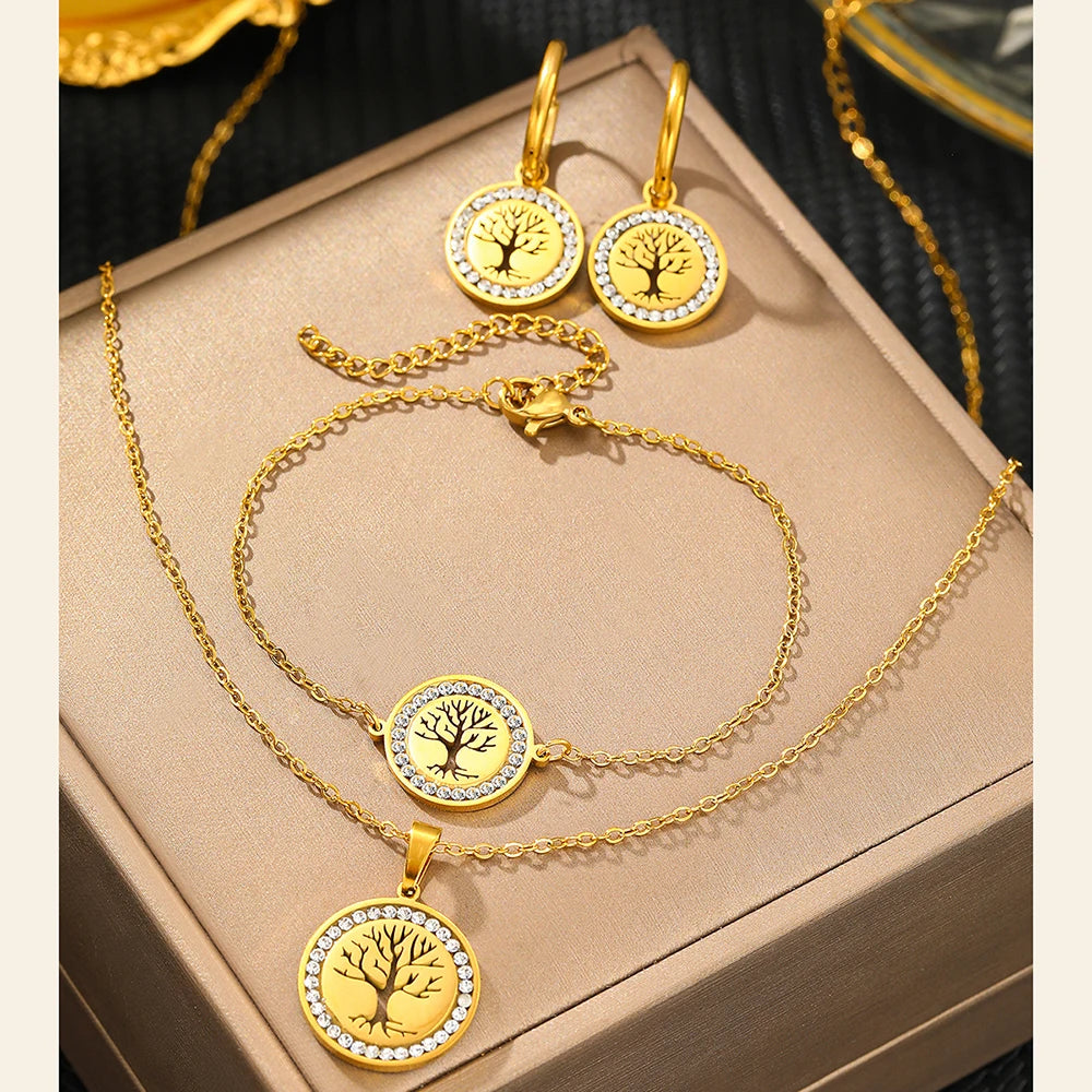 Stainless Steel Tree of Life Jewelry Set for Women Elegant Necklace and Earrings Gift for Weddings and Anniversaries