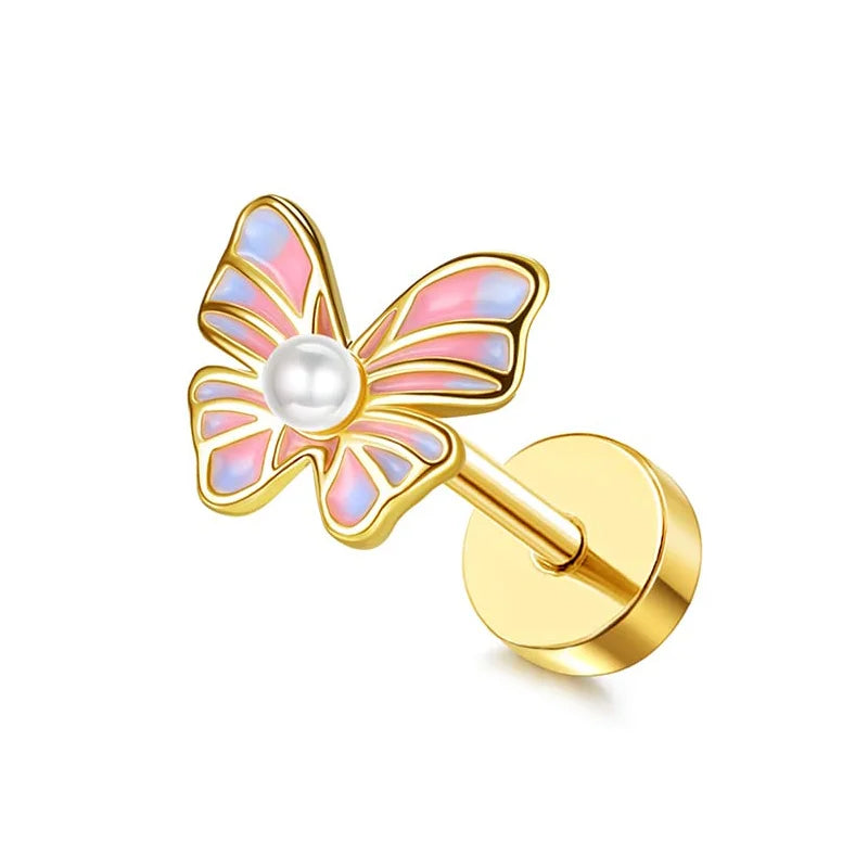 Drperfect Surgical Steel Butterfly Flower Cartilage Stud Earrings for Women with Screw-Back Design