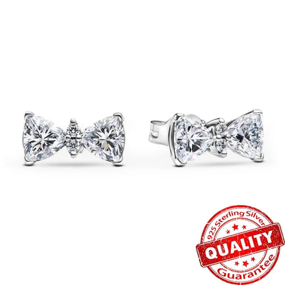 925 Sterling Silver Pink Bow Zircon Jewelry Set Necklace Earrings Bracelet DIY Gift for Women