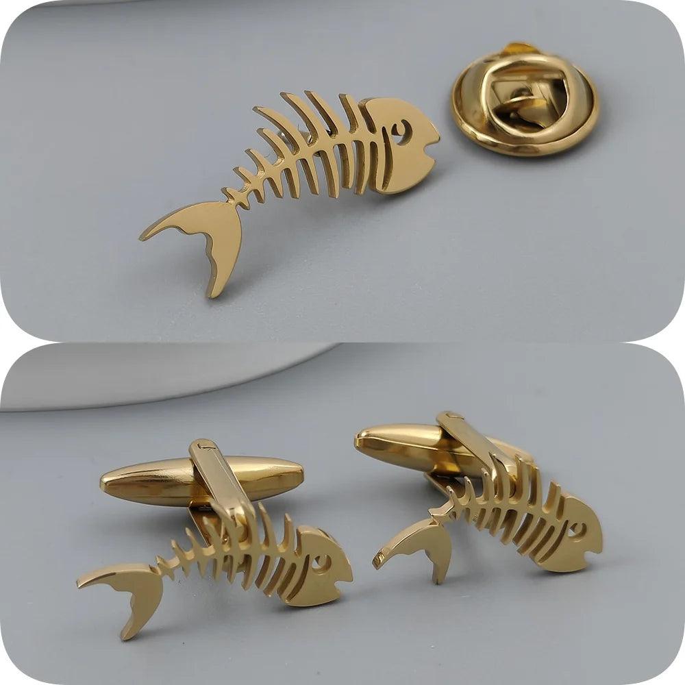 Gold-Plated Fish Bone Brooch Set for Men - Stylish Lapel Pin and Collar Accessory