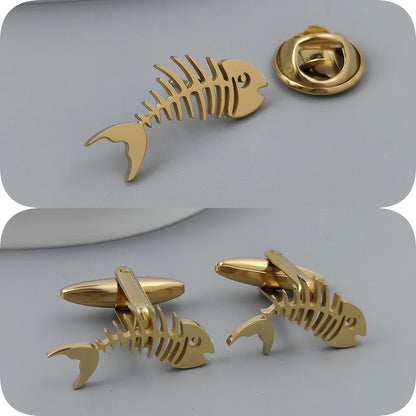 Gold-Plated Fish Bone Brooch Set for Men - Stylish Lapel Pin and Collar Accessory