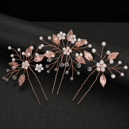 Handmade Rose Gold Leaf Hairpins with Simulated Pearls for Bridal Wedding Jewelry