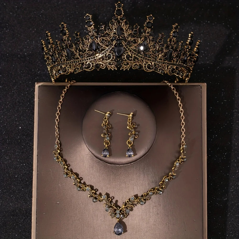 Bridal Elegance: Luxury Silver Crystal Water Drop Tiara & Jewelry Set - 4 Pcs Black