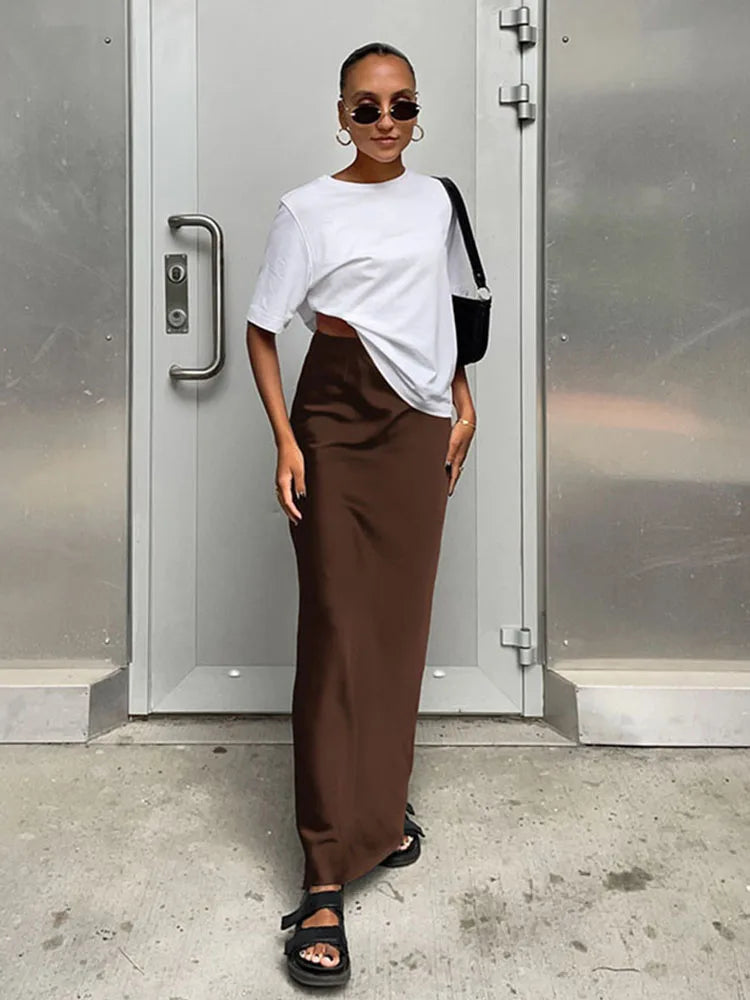 Satin Black Trumpet Skirt Women High Waist Long Office Wear