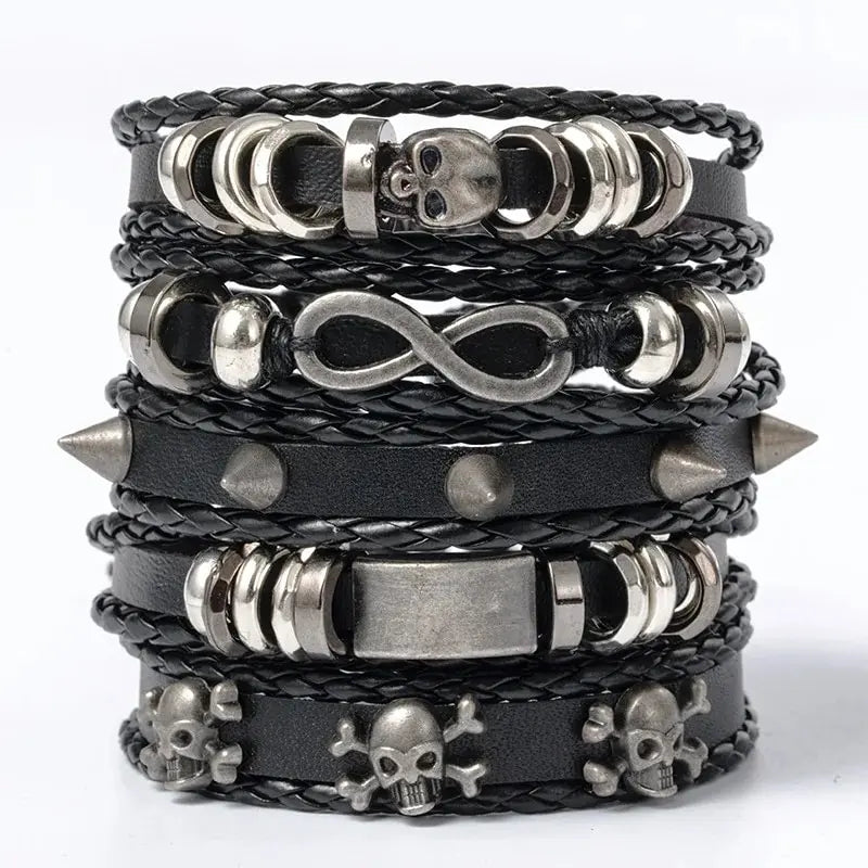 Punk Style Braided Bracelet Set of 5 with PU Leather and Beads