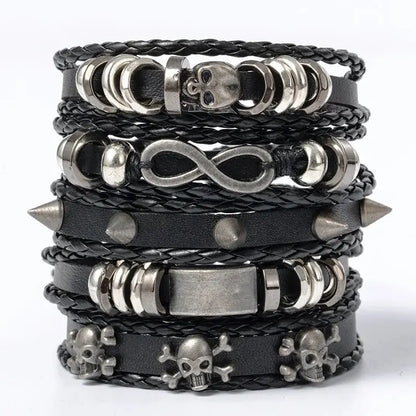 Punk Style Braided Bracelet Set of 5 with PU Leather and Beads