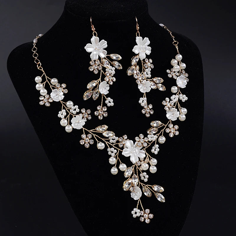 Wedding Elegance Rhinestone & Pearl Jewelry Set - Dangle Earrings & Adjustable Necklace for Women