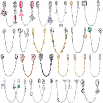 925 Sterling Silver Clover Daisy Star Moon Pavé Safety Chain Bow Necklace and Bracelet Set Luxury Fine Jewelry for Women