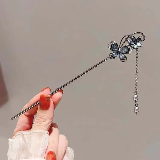 Vintage Chinese Ink Flower Tassel Hairpin With Black Beads Fringe For Women