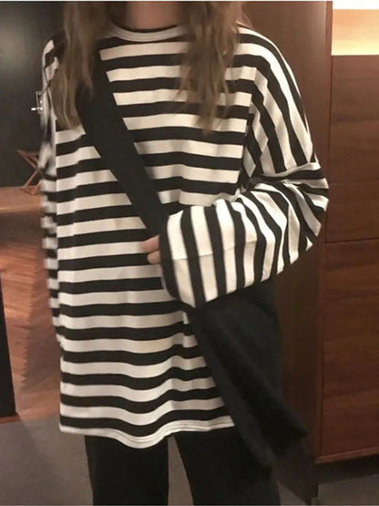 Harajuku Striped Long Sleeve O Neck Top For Women Ulzzang