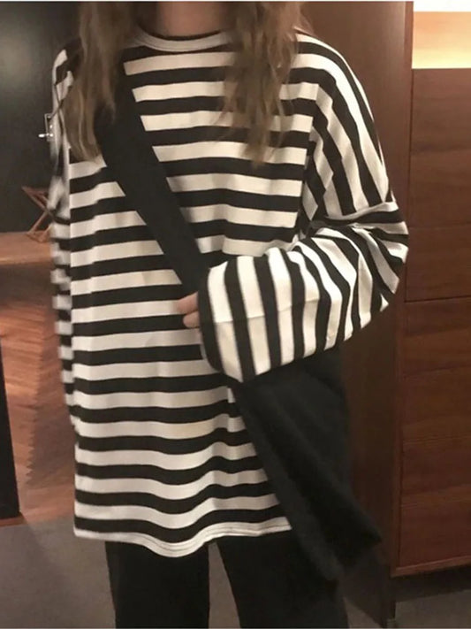 Harajuku Striped Long Sleeve O Neck Top For Women Ulzzang