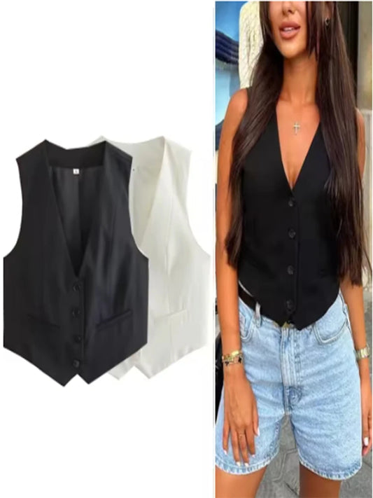 Sleeveless Cropped Vest Single Breasted V Neck Pocket Summer
