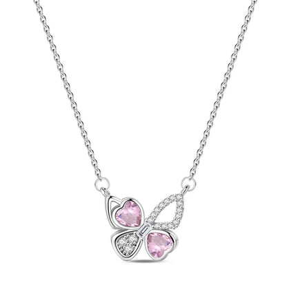 925 Sterling Silver Necklace with Pink Bow Heart Moon Butterfly Pendant Elegant Zircon Charm for Women Classic DIY Gift