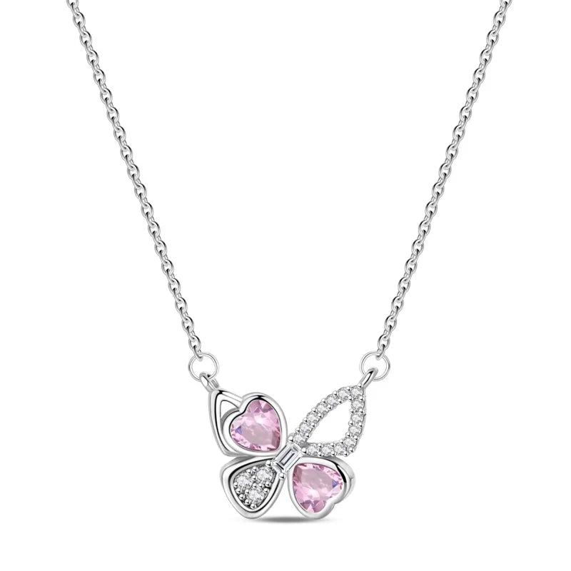 925 Sterling Silver Pink Bow Heart Moon Butterfly Pendant Necklace Elegant DIY Charm Gift for Women