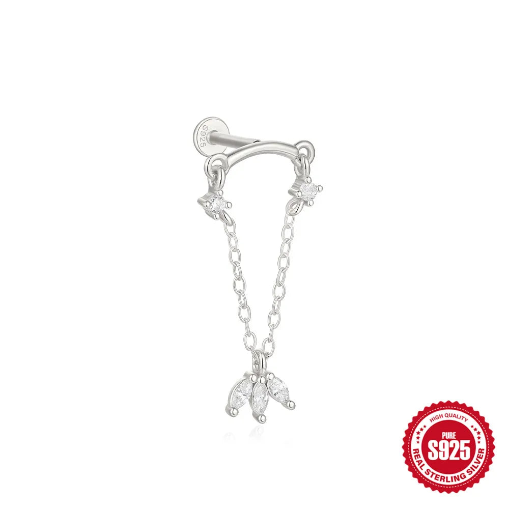 Canner 925 Sterling Silver Tassel Chain Star Mini Zircon Flat Piercing Stud Earrings for Women and Girls