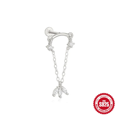 Canner 925 Sterling Silver Tassel Chain Star Mini Zircon Flat Piercing Stud Earrings for Women and Girls