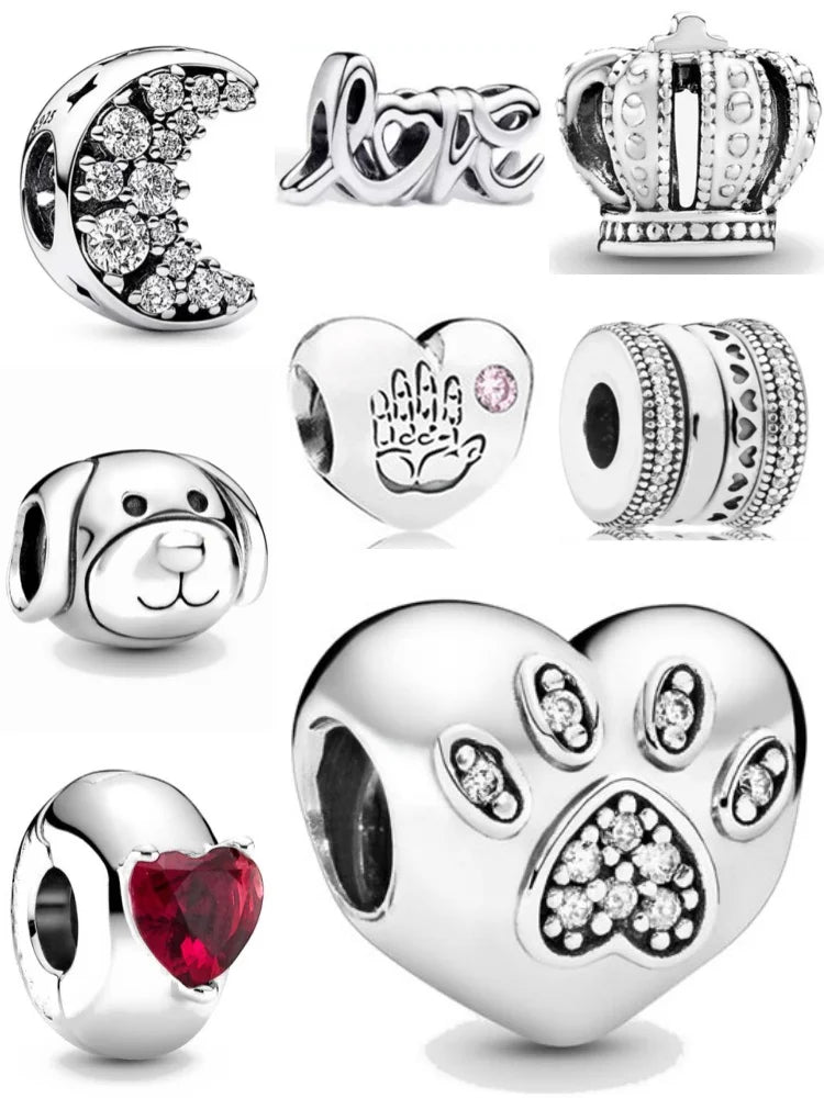 Diy White Pave Dog Paw Moon Bead 925 Sterling Silver Bracelet Necklace Jewelry for Women