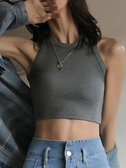 Chic White Ribbed Knit Halter Crop Top For Women Casual