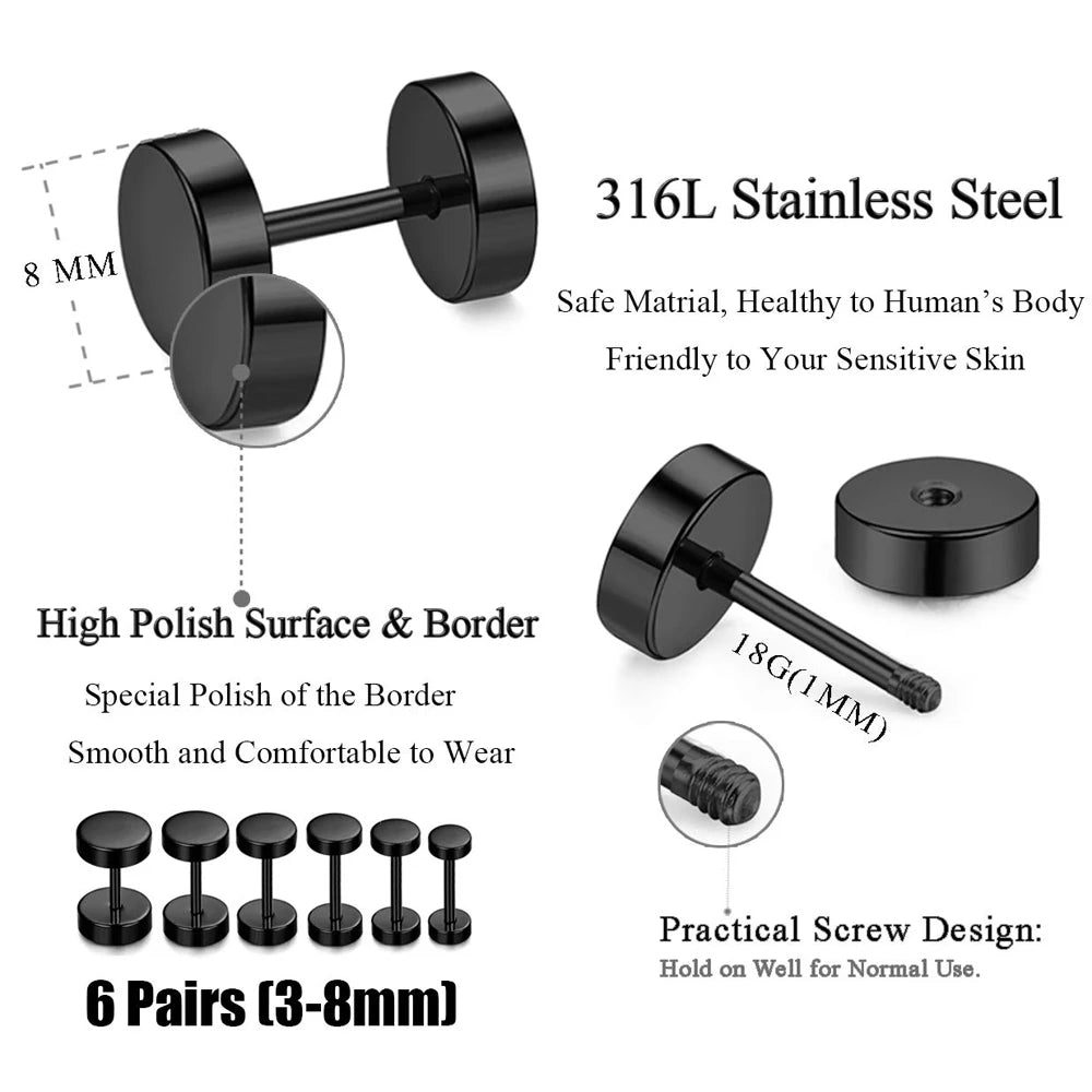 6 Pairs Stainless Steel Black Stud Earrings for Men and Women Faux Gauge Tunnel Designs 3-8mm