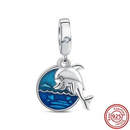 Sterling Silver Blue Zircon Feather Crown Moon Pendant Charm Bracelet Beads N588 3mm-4mm