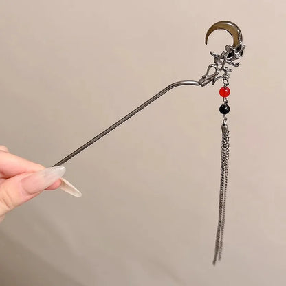 Elegant Black Crystal Moon Tassel Hair Stick For Women Retro Floral Hanfu Hairpin