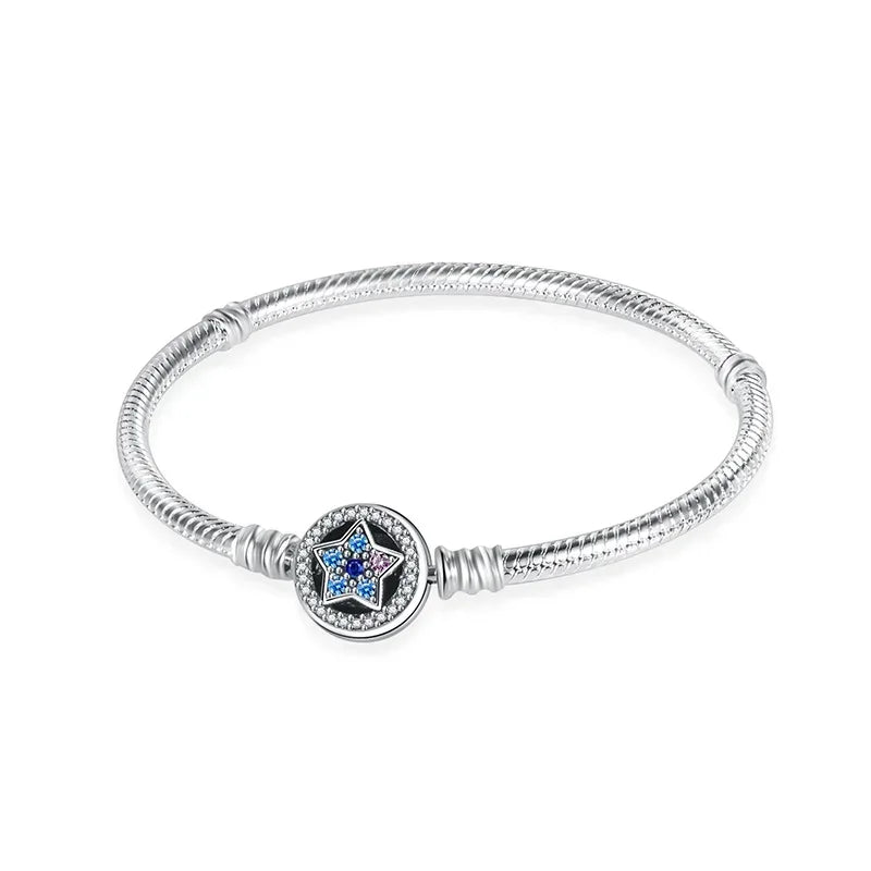 Sterling Silver 925 Star Clover Lotus Flower Snake Chain Bracelet for Women DIY Charm Jewelry Gift
