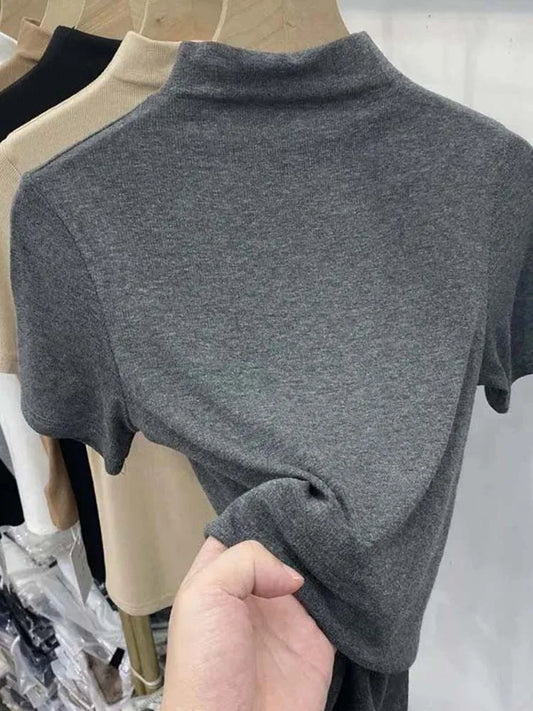 Slim Turtleneck Knit Top For Women Short Sleeves Elastic
