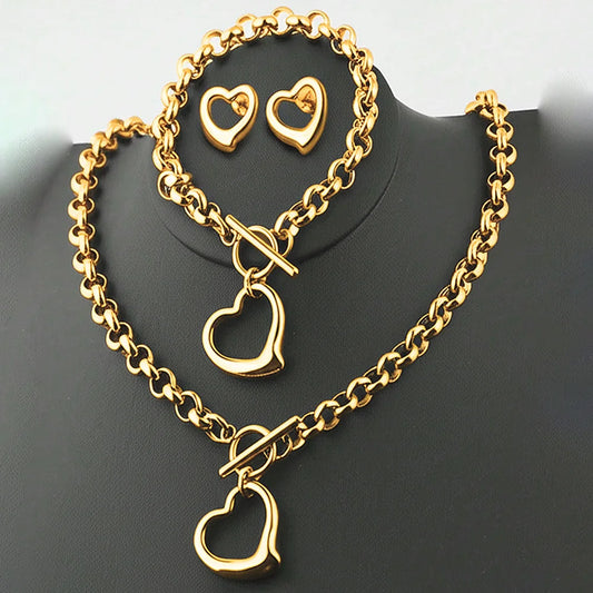 DOTIFI Exquisite Love Fashion Stainless Steel Jewelry Set with Necklace Earrings and Bracelet for Women Party Favors